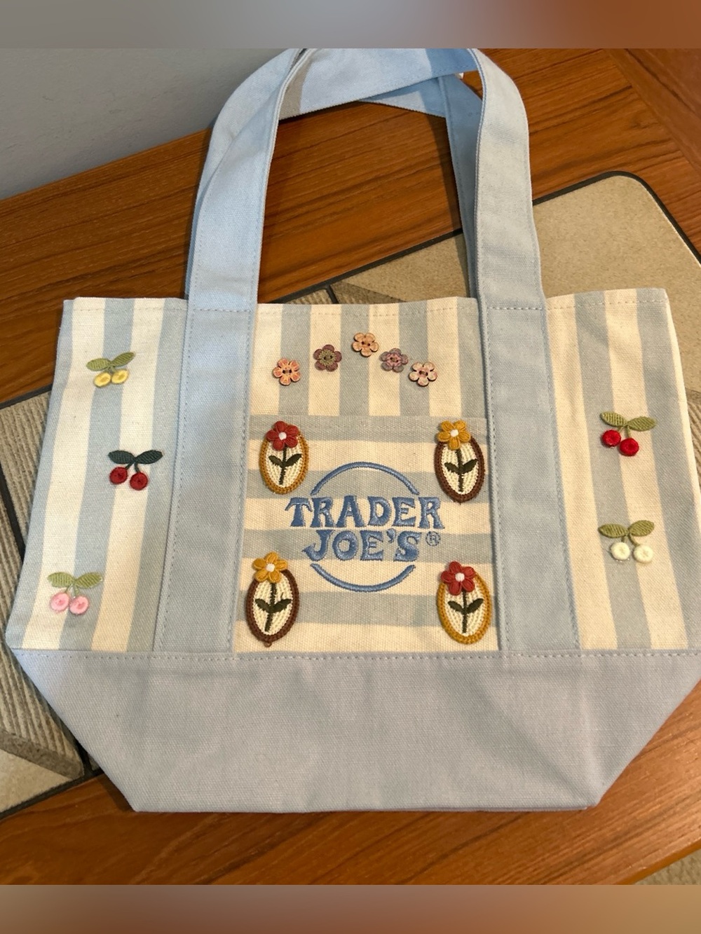 Upcycled Trader Joe's Light Blue Striped Embroidered Tote